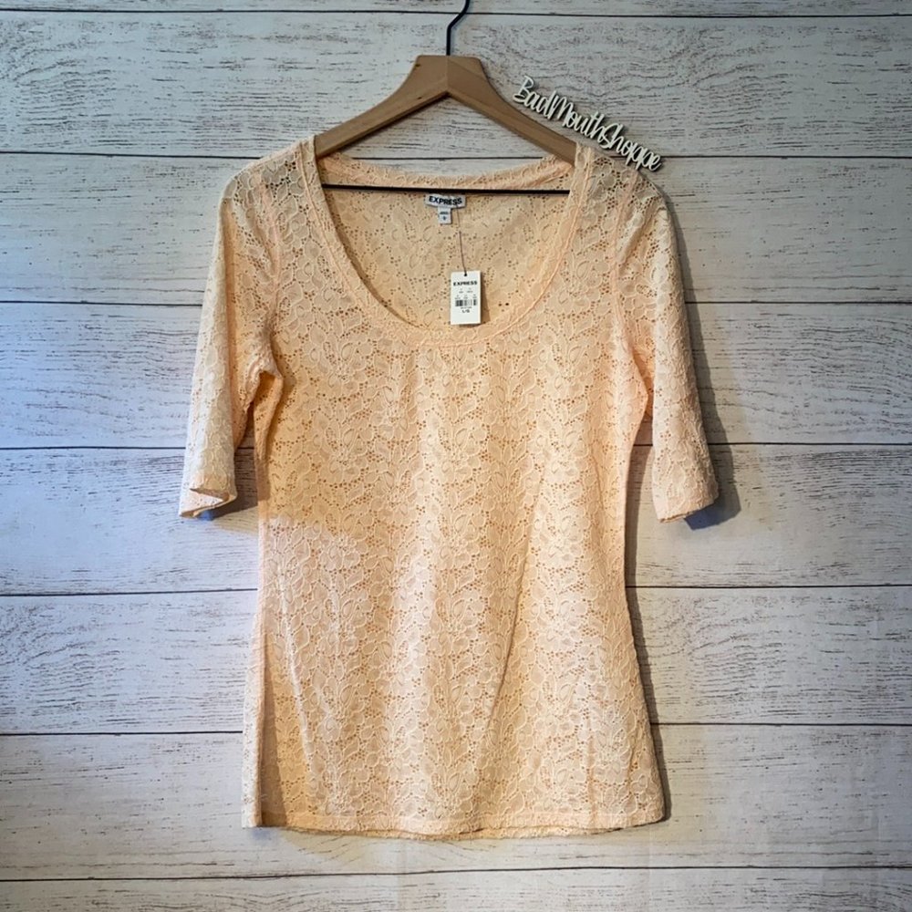 *Express Sheer Lace Fitted Babydoll Top in Peach Pink
